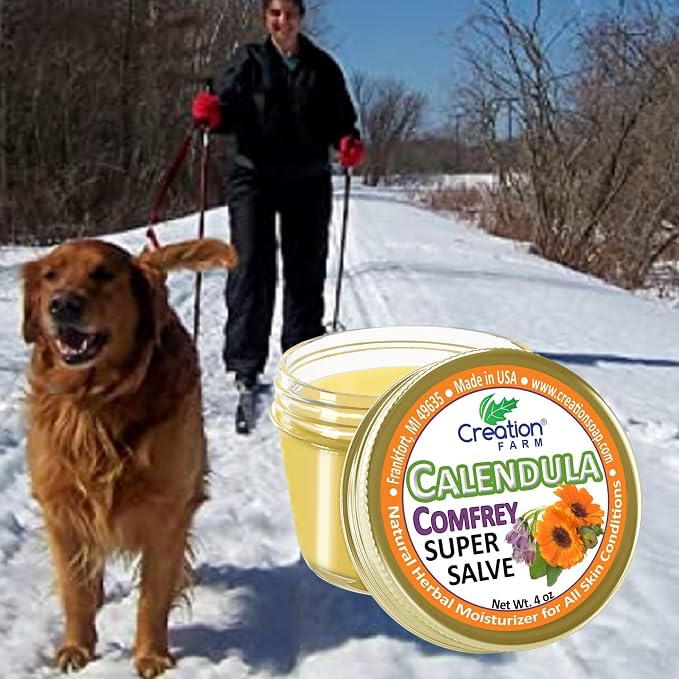 Calendula Comfrey Super Salve 8OZ- (2-4 oz Jars), by Creation Farm Balm Soothes Baby Bottoms, Hand Cream for Dry Cracked skin, Tattoos and Beards Grown and Made in USA from Real Herbs
