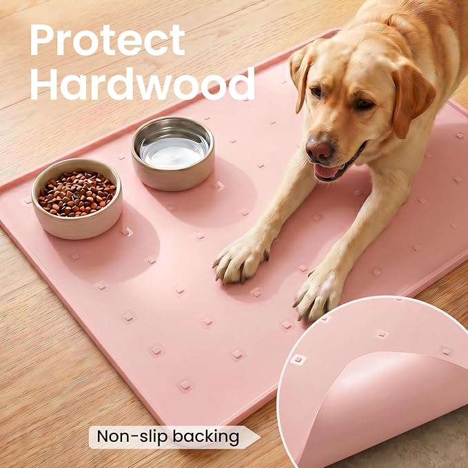 Silicone Pet Feeding Mat, 26x18 Inch Waterproof Dog Bowl Mat – Non-Slip, Machine Washable, Thin 0.28 Inch Edge for Messy Eaters, Protects Hardwood & Tile Floors, Pink