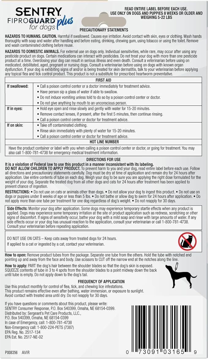 Sentry Fiproguard Plus for Dogs, Flea and Tick Prevention for Dogs (5-22 Pounds), Includes 6 Month Supply of Topical Flea Treatments