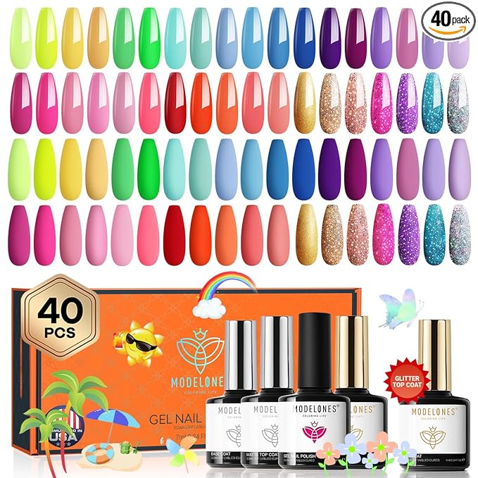 modelones 40 Pcs Gel Nail Polish Set, 36 Colors Rainbow Neon Gel Polish Bright Hot Pink Green Yellow Purple Blue Glitter Nail Gel Polish with Soak Off Base Coat& Matte Glitter Glossy Top Coat