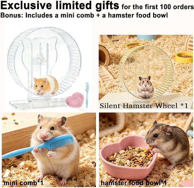 Silent Hamster Wheel 9.3", Quiet Spinner Running Wheel with Adjustable Stand & Non-Slip Track – Ideal Small Animal Cage Accessories for Hamsters Gerbils Dwarf Syrian Mice