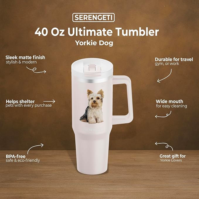 E&S Pets SERENGETI 40 Oz Ultimate Tumbler with Handle and Straw - Vacuum Insulated Tumbler with Straw and Lid - Stainless Steel Travel Mug for Pet Lovers - 3D Designs of your favorite Dog (Yorkie)