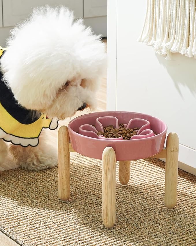 LE TAUCI Ceramic Slow Feed Dog Bowls, Elevated for Small Breeds, Anti-Gulping, Non-Slip, 6 inch, Pink