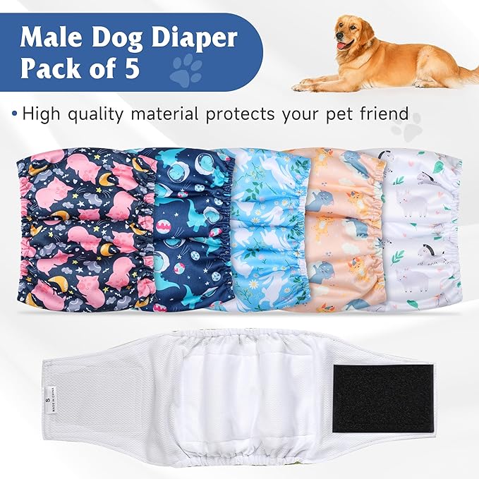 5 Pack Dog Diapers Male, High Absorbing Dog Wraps, Belly Bands for Male Dogs with Incontinence or Frequent Urination, Washable Doggie Diapers Animal XS