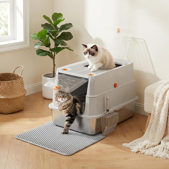 Stainless Steel Litter Box with lid,165° Flip-Top Large Enclosed Cat Litter Box with Metal Litter Scoop & Cat Litter Mat.Non-Sticky, Non-Odor, Easy Cleaning-Light Gray