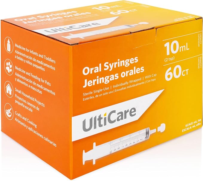 UltiCare 10mL (2 TSP) Oral Tip Syringe – Uses Include Oral Administration of Medicine for Infants. with Cap, Sterile Individually Wrapped, 60 Count