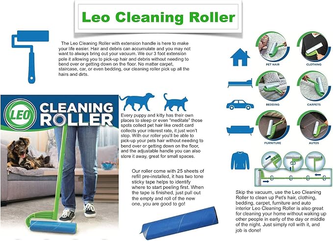 Leo Large 10-Inch Wide Lint Roller Refills 175 Sheets with extendable Handle to 45 inch for Lint Removers Household Cleaning Easily Remove Pet Hair Dust and Debris from Floors Carpets and Furniture