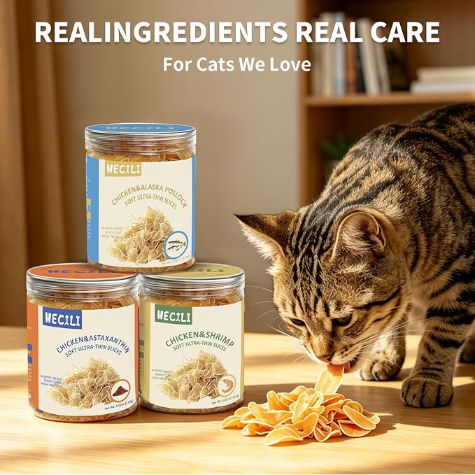 Chicken & Shrimp Soft Cat Treats,Ultra-Thin Slices, Easy-Chew Snacks for Picky Cats, Kittens & Seniors (Chicken & Astaxanthin)
