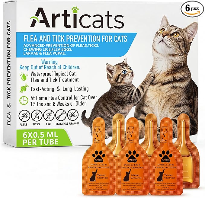 Flea and Tick Prevention for Cats & Kittens, Topical Cat Flea and Tick Treatment – Fast-Acting & Long-Lasting 6-Dose Supply