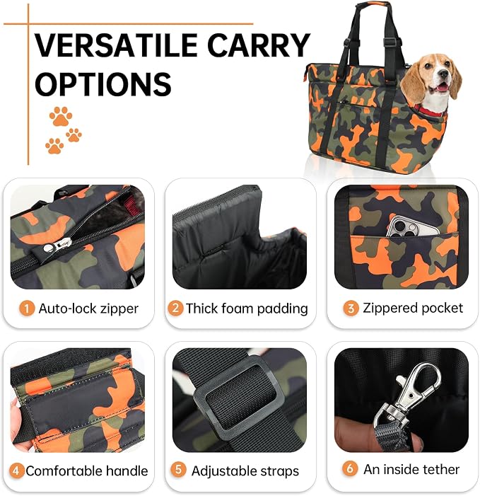 10mm Padded Tote Bag Carrier for Dog Cat Below 15.5lb/7kg-Camouflage Orange