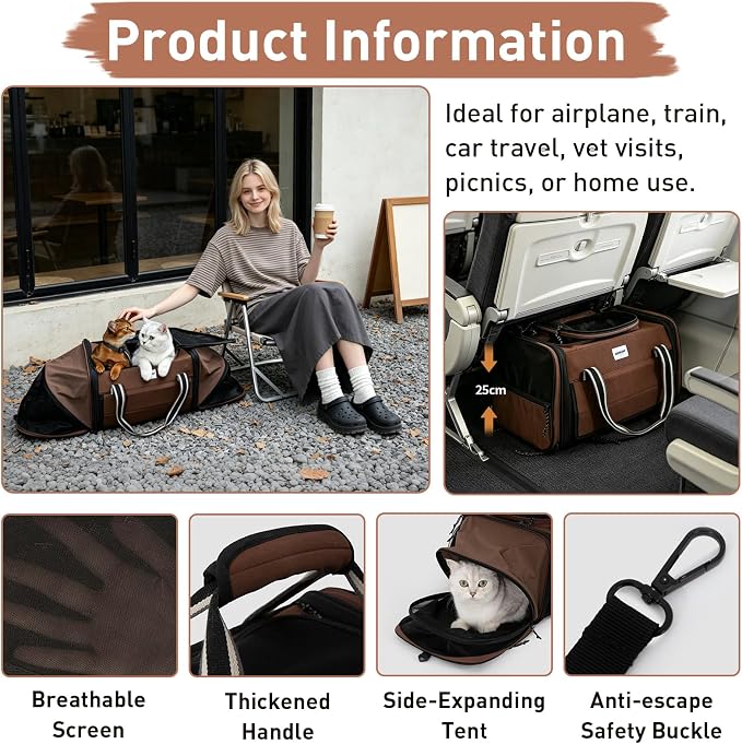Pet Carrier Expandable Cat Bag, Large Capacity Foldable Pet Tote with Breathable Mesh for Small Pets Up to 22Lbs, Airline Approved Cats Carrier for Travel