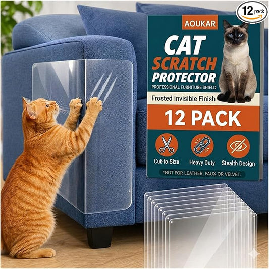 Cat Scratch Furniture Protector 12-Pack – [Non-Reflective] Frosted Matte Couch Guards, Invisible Self-Adhesive Deterrent Tape for Fabric Sofa, No Residue & No Pins, Anti-Scratch Film for Walls
