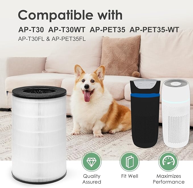 AP-PET35FL AP-T30 Filter Compatible with HoMedics Air Purifier Filter Replacement AP-T30 AP-T30WT AP-PET35-WT AP-PET35, Part# AP-T30FL AP-PET35FL True HEPA Filter, 1-Pack