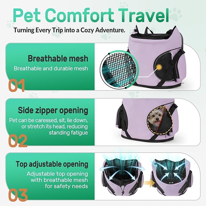 YUDODO Dog Front Backpack Carrier 7-15 lbs, Soft Breathable Pet Front Facing Carrier with Adjustable Straps, Multi-Pocket Design, for Small Dogs & Cats (Purple)