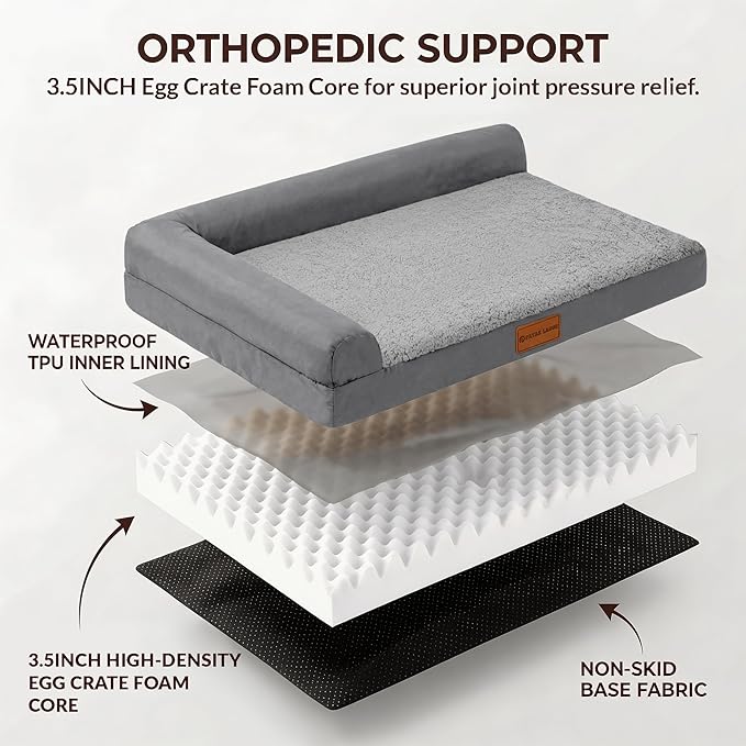 Patas Lague Orthopedic Dog Bed Medium Size Dog 30''X20'', Waterproof L Bolster Medium Pet Sofa Beds with Removable Washable Cover, Soft Pet Couch Crate Mat with Nonskid Bottom, Grey