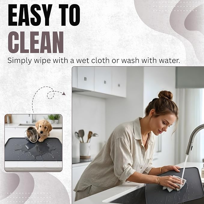 Silicone Pet Feeding Mat 2 Pack 19 x 12 Inch Waterproof Dog & Cat Food Mat with Raised Edge, Non Slip BPA Free Dog Bowl Mat for Food and Water Bowls, Spill Proof Floor Protector (Grey)