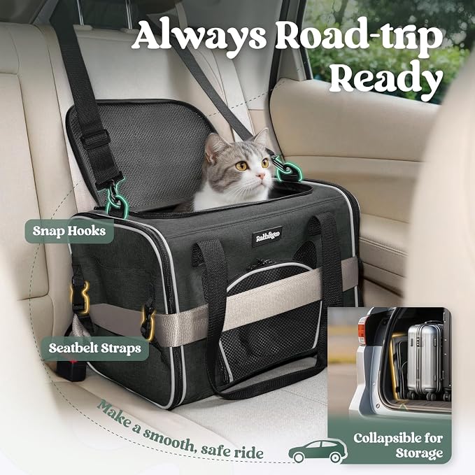 rabbitgoo Cat Carrier Soft Sided, Stable Portable Pet Carrier with Safety Buckles for Car Travel Vet Visit Airline, Comfortable Breathable Kitten Bag for Small Medium Large Cat, Black, 19x12x12 inch
