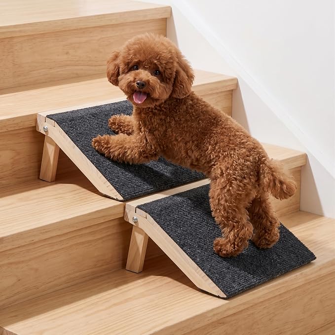 2 Pack Non-Slip Wooden Pet Ramp for Small Dogs, Gentle Slope Stair Ramp for Puppies, Senior Pets & Cats, Easy to Use Indoor Pet Access Ramp