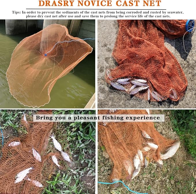 Drasry Saltwater American Fishing Cast Net 3/8inch Mesh Size for Bait Shrimp Trap Fish Heavy Duty Sinkers Throw Net 3FT/4FT/5FT/6FT/7FT/8FT/9FT/10FT Radius