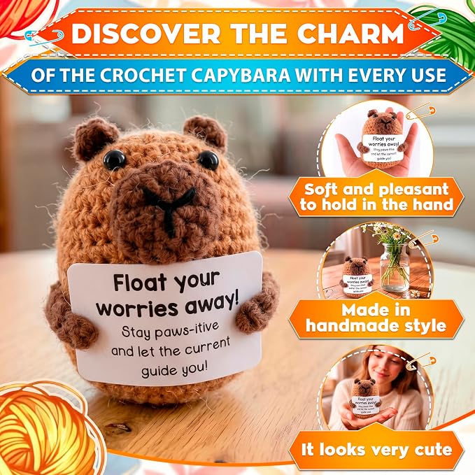 Reluen Crochet Capybara, Float Your Worries Away Handmade Capybara Crochet Figurine with Affirmation Message Card, Desk Decor Gift for Women Men Mom Daughter Sister Coworker Birthday