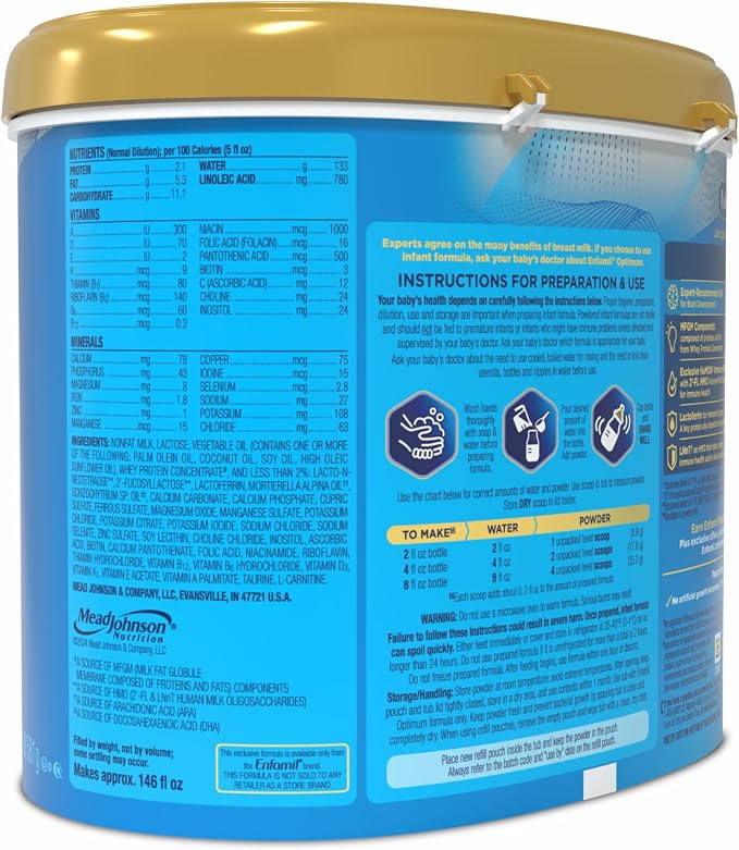 Enfamil Optimum (Enspire), Our Closest Formula to Breast Milk, Immune-Supporting Lactoferrin and Brain-Supporting DHA Baby Formula, Powder 20.5 Oz Tub (Pack of 3)