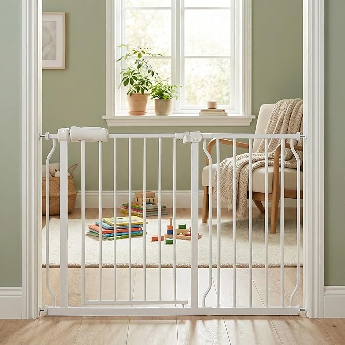Extra Wide Baby Gate 43.5-48" Walk-Through Dog Gate for Stairs, Doorways & Hallways, 30" Tall, Auto-Close & Dual-Swing Safety Child Gate Indoor, Easy Install Pressure-Mounted Pet Gate, White