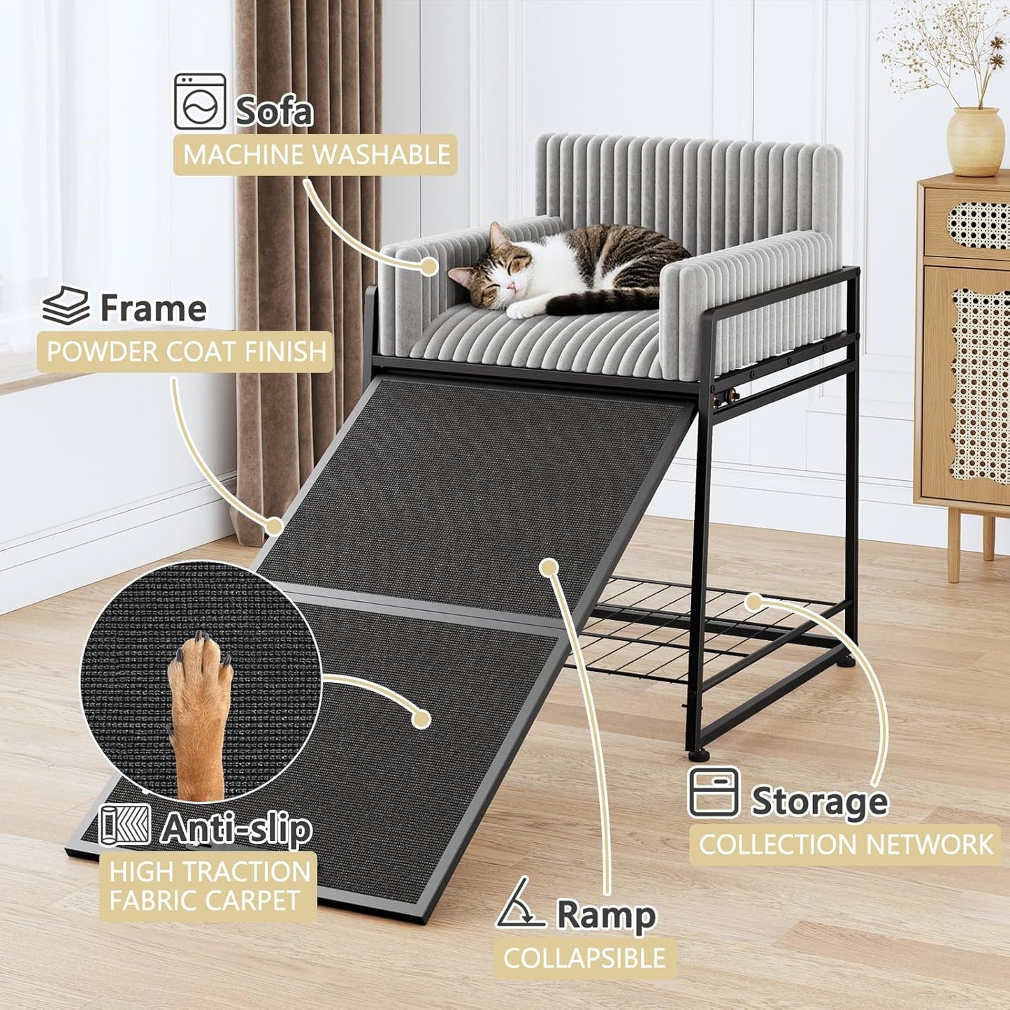 Pet Stairs Ramp with Seat,Dog Window Perch with Stairs and Storage,Dog Seat with Ramp Steps,Folding Pet Ramp for Dogs Cats,Bunk Bed Chair with Sofa Cushion for Bed Couch Office,Hold Up to 110 lbs