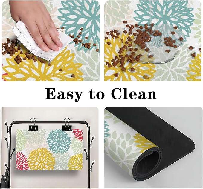 Dog Food Mats for Floors, Absorbent and Quick-Drying Pet Cat Food Mat,Anti-Fouling and Easy-to-Clean Pet Feeding Mat,Dog Bowl Mat for Messy Drinking Water Bowls.12x20, Bohemia Dahlia Floral Style