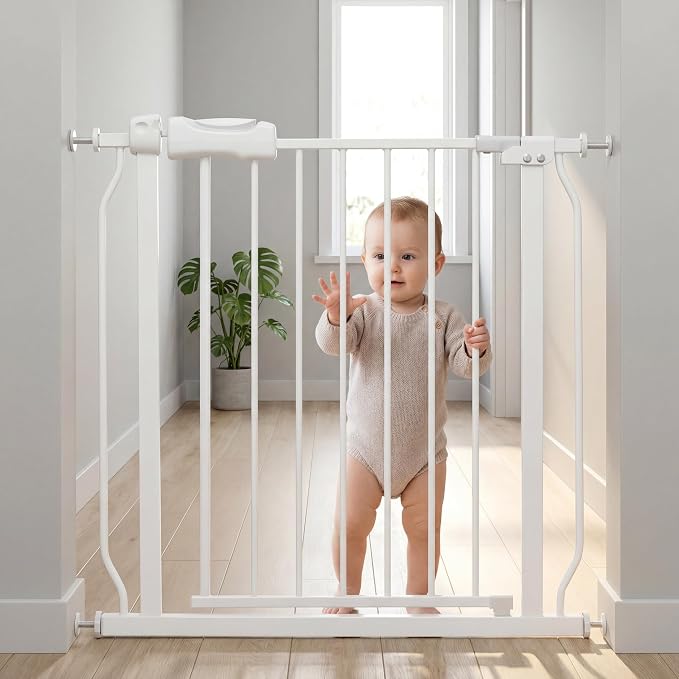 29-34 Inch Baby & Pet Gate - White Metal Pressure Mounted Walk Through Safety Gate for Narrow Stairs & Doorways