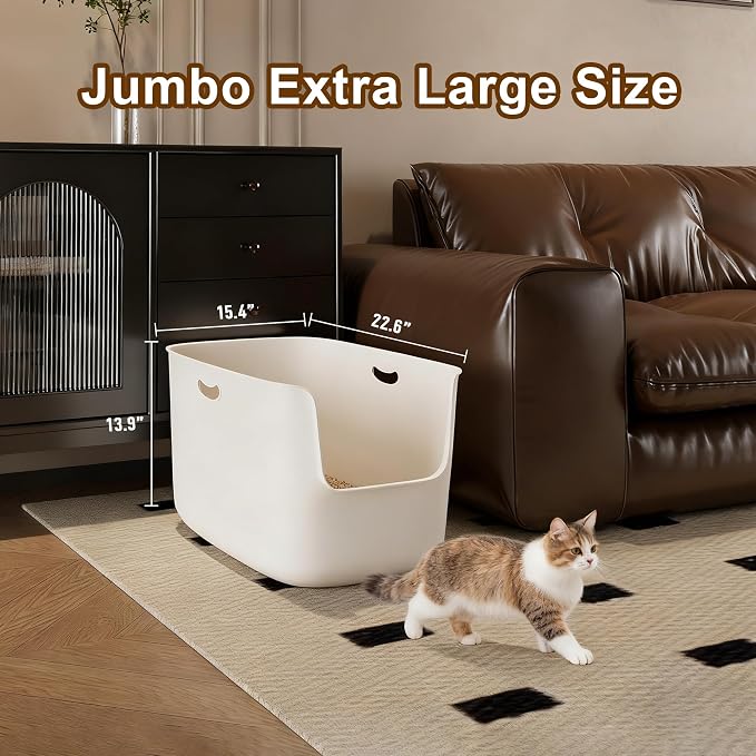 Jumbo Extra Large Cat Litter Box - High Sided Low Entry Open-Top Anti-Splash Pan for Multiple Cats, Kittens & Senior Cats, 22.6"x15.4"x13.9", White