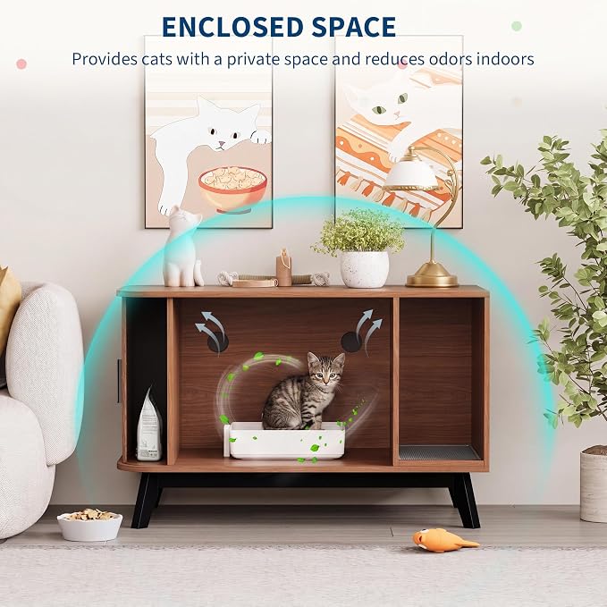 Garvee Cat Litter Box Enclosure, 39" Litter Box Enclosure Furniture Hidden Litter Box with Cat Litter Mat and Sliding Door, Modern Indoor Cat House, Side End Table for Living Room, Walnut