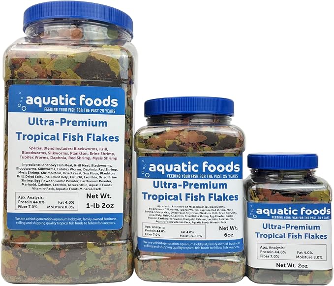 Ultra Premium Tropical Fish Flakes with Krill and Shrimp Meal, Spirulina for All Tropical Fish Also Pellet Mix, Wafer Mix Included…1-lb 2oz