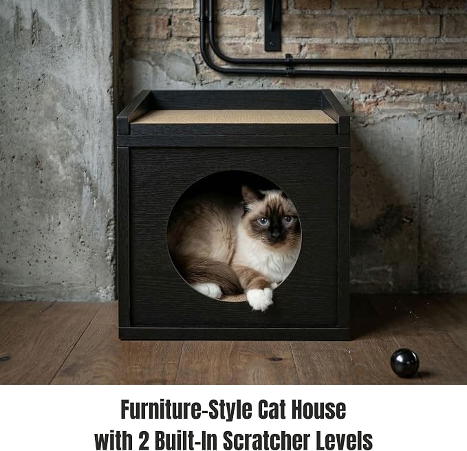 Meowdium Cat House for Indoor Cats – Cat Condo with 5X Longer-Lasting Cardboard Scratcher, 2 Scratcher Levels, Hideout & Top Lounge, Black