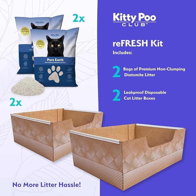 Kitty Poo Club Disposable Cat Litter Box 2-Pack with 2 Bags Natural Diatomite Litter, Patented Leak-Proof Design, Fast-Absorbing, Low Dust, Perfect for Travel and Multi-Cat Homes