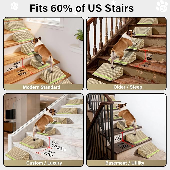 JoyBlooms Upgraded Dog Ramp for Stairs for Small & Senior Dogs Cats, 40D Density Foam Gentle 30° Slope Non-Slip Dog Stair Ramp with Glow Strip, Pet Ramp with Removable Washable Cover, Brown-3pcs