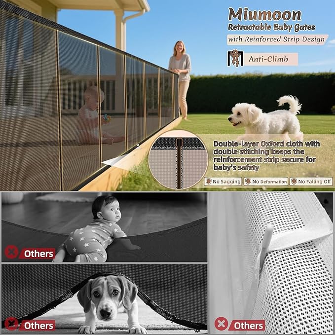 Miumoon 100 inch Retractable Baby Gates 34 inch Tall, Retractable Gate with Reinforced Strip Design to Prevent Crawling Through, 8 FT Extra Wide Retractable Dog Gate for Indoor/Outdoor