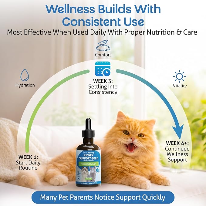 Pet Wellbeing Kidney Support Gold for Cats - Supports Normal Kidney Function & Detox, Healthy Hydration & Energy with Rehmannia & Dong Quai - NASC Certified & Vet-Formulated - 4 oz Liquid Formula