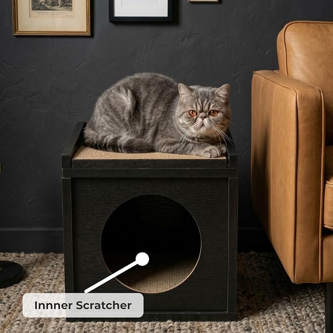 Meowdium Cat House for Indoor Cats – Cat Condo with 5X Longer-Lasting Cardboard Scratcher, 2 Scratcher Levels, Hideout & Top Lounge, Black