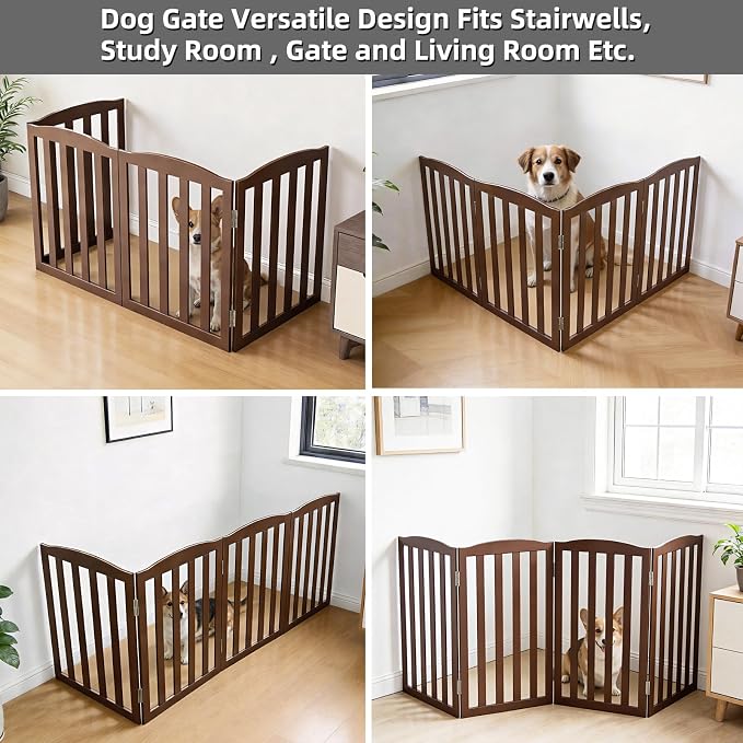 Freestanding Dog Gate Indoor,Doggie Gate Foldable Pet Gates for Doorways,Stairs or Hallways, Wooden Brown Pet Gate for the House, Pet Fence,24 "Height-4 Panels