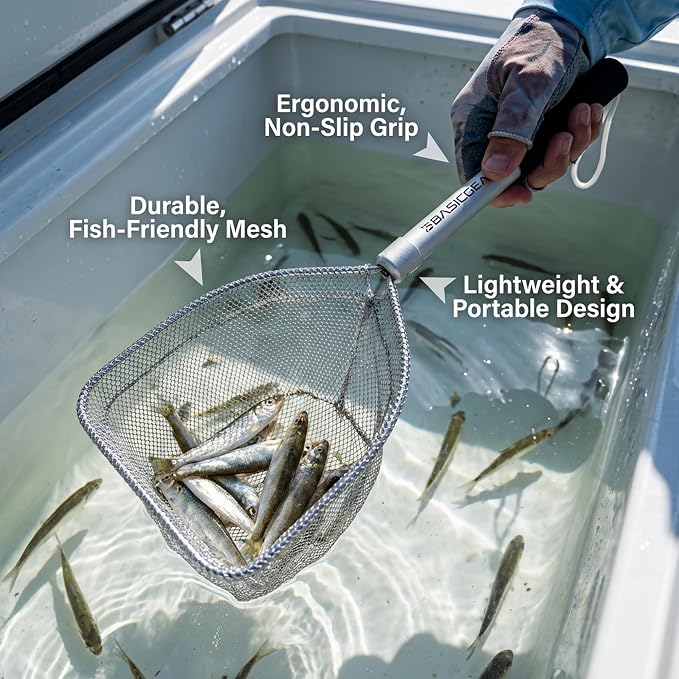 BasicGear Compact Baitwell Net for Live Bait – Soft Nylon Mesh, Aluminum Frame, EVA Non-Slip Grip & Anti-Drop Rope