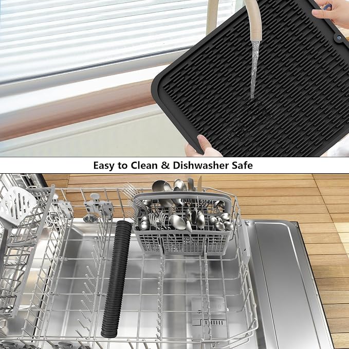 ZLR Heavy-Duty Silicone Dish Drying Mat (16" x 18" / 401 x 455mm) - XL Family-Size Thick 4mm Drainboard for Pots, Pans & Heavy Cookware - Oversized Trivet & Counter Protector, Non-Slip (Black)