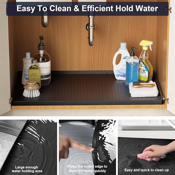 Under Sink Mats for Kitchen Waterproof - 22" x 19" Waterproof Kitchen Cabinet Mat - Flexible Silicone Under Sink Liner - Bathroom Cabinet Mat and Protector for Drips Leaks Spills (Black)