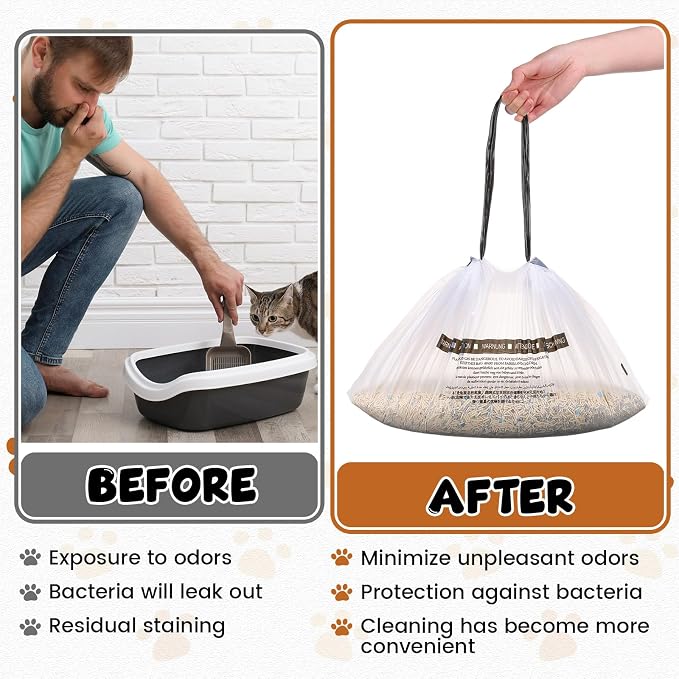 200 Count Cat Litter Box Liners Bags for Self Cleaning Automatic Litter Box 22.5 x 12.2" Drawstring Heavy Duty Pet Receptacles Bags Bulk 1.57 Mil Thick Tear Resistant Leak Proof Waste Liners