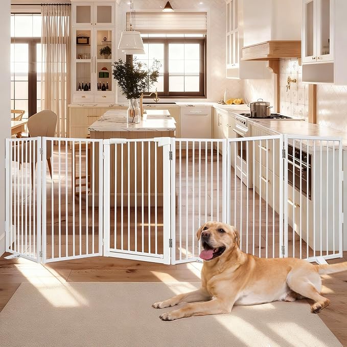 Snagle Paw Metal Freestanding Dog Gate with Door,120” W x 36” H Dog Fence with Support Feet for Doorways, Stairs and Hallways, Portable Pet Gate for Indoor Use (6 Panel, White)