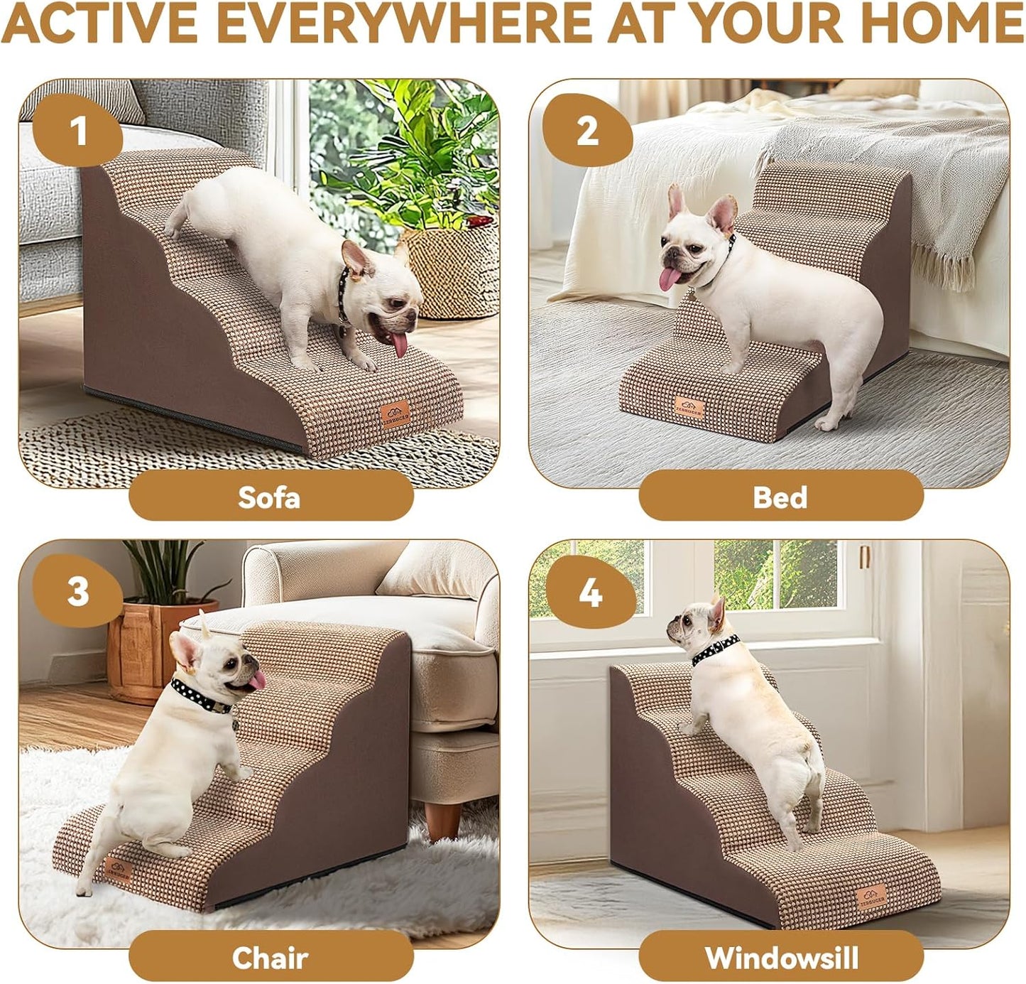 Dog Ramp and Stair for Bed 16" H-20 H,3-Step Cat Stair for Sofa and Chair,4-Step Dog Ramp for High Bed and Window,Durable Nonslip Fabric Cover for Indoor (Coffee-20 H, Pet Friendly, 4)