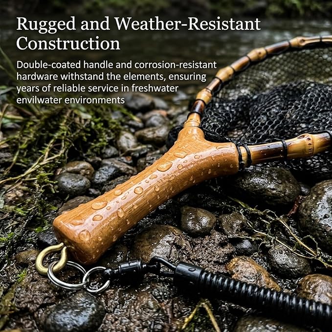 Floating Handcrafted Bamboo Fly Fishing Landing Net, Solid Wood Handle, Soft Rubber Coated Mesh for Trout, Kayak & Stream Fishing, Includes Magnetic Release & Safety Lanyard
