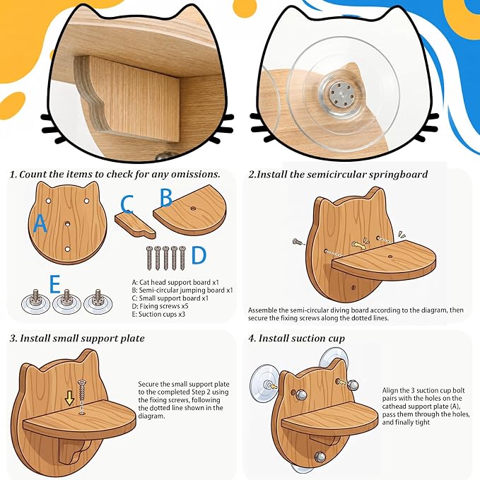 Novabright 3 Pcs Cat Window Perch Set with Hammock and 2 Cat Steps Wood Wall Shelves with Sturdy Suction Cup Mount Space-Saving Shelf for Indoor Window Bed for Sunbathing Bird Watching