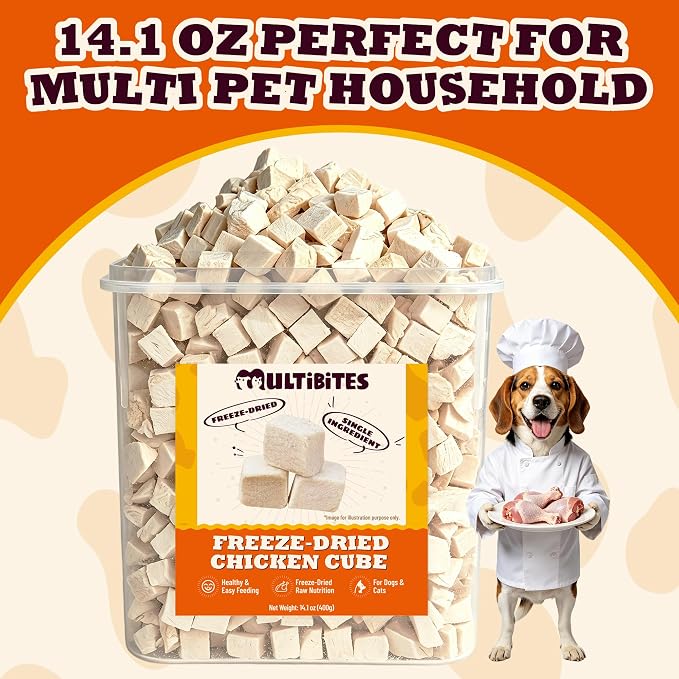 14.1 oz Freeze Dried Chicken Cubes for Dogs & Cats, Single‑Ingredient High‑Protein Grain-Free Treats, Large‑Sized Pet Snack Food Topper and Training Rewards for Multi‑Pet Households