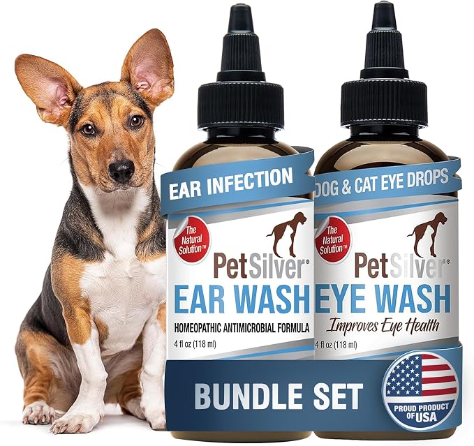 PetSilver Eye Wash (4 fl oz) & Ear Wash (8 fl oz) with Patented Chelated Silver - Gentle Eye Cleaner, Tear Stain Remover, and Ear Treatment for Itchy & Inflamed Ears in Cats and Dogs - Made in USA