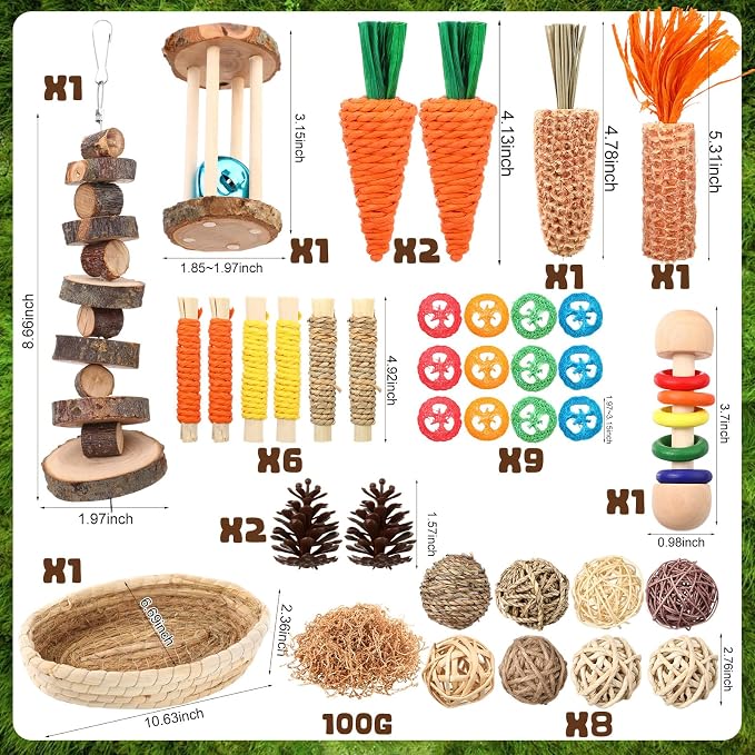 Novabright 33 PCS Rabbit Chew Treat Toys Set Natural Bunny Enrichment Toys for Teeth Health Indoor Outdoor for Rabbit Guinea Pig Chinchilla Hamster(Classic)
